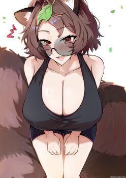 1girl absurdres alternate_breast_size_(larger) animal_ears bare_shoulders breasts brown_hair commentary english_commentary futatsuiwa_mamizou highres huge_breasts leaf leaf_on_head looking_at_viewer raccoon_ears raccoon_girl raccoon_tail radish_(daikonchamma) round_eyewear short_hair simple_background solo sunglasses tail touhou variant_set white_background