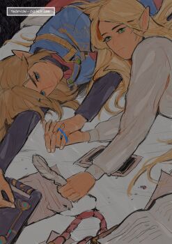 1boy 1girl absurdres artist_name bed black_sweater blonde_hair blue_eyes book commentary couple english_commentary english_text feathers green_eyes hetero highres holding_hands ink link long_hair lying military_uniform nintendo on_bed on_stomach open_book paper pointy_ears princess_zelda pyonteo royal_guard_set_(zelda) sad sidelocks sweater the_legend_of_zelda the_legend_of_zelda:_breath_of_the_wild the_legend_of_zelda:_tears_of_the_kingdom upper_body white_sweater