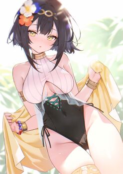 1girl adelie_cat amber_(stella_sora) amber_(swimsuit)_(stella_sora) armlet bare_shoulders bikini breasts center-flap_bangs cleavage_cutout clothing_cutout commentary flower_ornament highres holding holding_towel jewelry medium_breasts navel_cutout official_alternate_costume outdoors plant short_hair side-tie_bikini_bottom solo stella_sora swimsuit thigh_strap thighs towel yellow_eyes