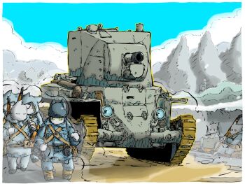 Rule 34 | ammunition pouch, blue sky, bolt action, bt-42, cannon, caterpillar tracks, day, gun, highres, load bearing vest, military vehicle, motor vehicle, original, pouch, rifle, sky, tank, vehicle focus, weapon, weapon on back, yabarn