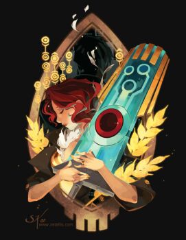 1girl animated animated_gif art_nouveau female_focus glowing holding holding_sword holding_weapon huge_weapon jewelry ornate_ring red_(transistor) red_hair ring solo sword the_transistor transistor_(game) weapon zetallis