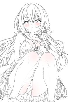 1girl absurdres arazand armpit_crease arms_behind_back blush bow bow_panties breasts camisole crotch_seam dot_nose from_below groin highres long_hair looking_at_viewer monochrome navel open_mouth original panties pantyshot parted_lips side-tie_panties simple_background sketch small_breasts solo spot_color squatting stomach underwear underwear_only very_long_hair white_background