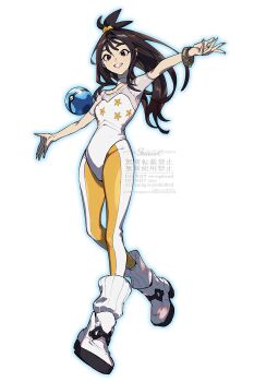 1girl absurdres black_hair breasts brown_eyes choker cube_hair_ornament dive_ball full_body gen_1_pokemon hair_ornament highres leggings leotard lida_(pokemon) long_hair looking_at_viewer mega_ring nintendo open_mouth orange_leggings poke_ball pokemon pokemon_legends:_z-a ribbed_socks smile socks solo staryu ta0oxo0ma teeth topknot two-tone_legwear white_choker white_leggings white_leotard white_socks wispy_bangs