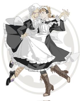 Rule 34 | 1boy, 1other, alternate costume, apron, back bow, blonde hair, boots, bow, braid, collared dress, commentary, corrupted twitter file, crossdressing, crossdressing (ftm), dress, earrings, enmaided, frilled dress, frills, full body, giorno giovanna, gold experience, hashtag-only commentary, hat, high heel boots, high heels, highres, holding hands, jewelry, jojo no kimyou na bouken, juliet sleeves, lace-up boots, long hair, long sleeves, maid, maid headdress, male focus, mob cap, pantyhose, puffy sleeves, ribbon, sleeve cuffs, stand (jojo), stud earrings, vento aureo, zhaogu0527