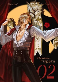 2boys animal_ear_fluff animal_ears ascot black_pants black_suit blonde_hair body_fur breasts cape character_name claws cleavage closed_eyes crovius curtains flower formal_clothes frilled_shirt frills furry furry_male furry_with_non-furry gold_gloves hair_between_eyes half_mask head_tilt highres holding_hands hugo_vlad interspecies jewelry looking_at_another male_focus mask mole mole_under_eye multiple_boys muzzle_(mask) necklace pants phantom_of_the_opera pointy_ears red_cape red_eyes red_flower red_rose rose shirt stage stage_curtains suit teeth von_lycaon white_ascot white_fur white_hair white_shirt wolf_boy wolf_ears yaoi zenless_zone_zero