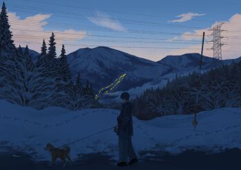 Rule 34 | 1boy, animal, arms at sides, bare tree, black coat, black hair, black shoes, blue sky, blue theme, city lights, cloud, coat, commentary request, dog, footprints, forest, from side, full body, gensuke (ryun), grey pants, hand in pocket, highres, hill, holding, holding leash, landscape, leash, mountainous horizon, nature, original, outdoors, pants, pet, pet walking, power lines, scenery, shiba inu, shoes, short hair, sky, snow, solo, star (sky), transmission tower, tree, twilight, valley, very short hair, walking, winter