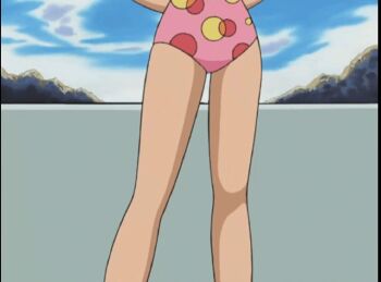1girl animated animated_gif anime_screenshot armpit_crease arms_behind_back barefoot blue_eyes breasts brown_hair casual_one-piece_swimsuit closed_eyes cloud cloudy_sky collarbone day eyelashes facing_viewer fanservice female_focus halterneck happy highres knees legs may_(pokemon) medium_hair missing_headwear mountainous_horizon neck nintendo no_gloves official_alternate_costume official_art one-piece_swimsuit outdoors pink_one-piece_swimsuit pokemon pokemon_(anime) pokemon_ag019 pokemon_the_series:_ruby_and_sapphire sidelocks skin_tight sky small_breasts smile standing swept_bangs swimsuit thighs watercraft