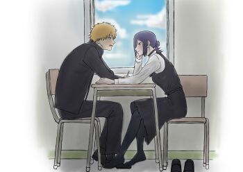 1boy 1girl blonde_hair blush chainsaw_man commentary_request couple denji_(chainsaw_man) desk green_eyes highres no_shoes purple_hair reze_(chainsaw_man) school school_uniform socks window yousuk797