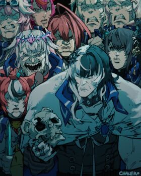 absurdres animal_ears black_hair blonde_hair blue_eyes chaleko clenched_teeth closed_eyes commentary dog_ears dog_girl elizabeth_rose_bloodflame english_commentary enigmatic_recollection frown fuwawa_abyssgard group_picture group_profile hakos_baelz highres holding holding_skull hololive hololive_english irys_(hololive) koseki_bijou lineup long_hair looking_at_viewer manlification meme mococo_abyssgard multicolored_hair multiple_girls nerissa_ravencroft parody profile raora_panthera red_eyes red_hair shiori_novella shirt short_hair skull smile teeth viltrumite_group_shot_(meme) virtual_youtuber