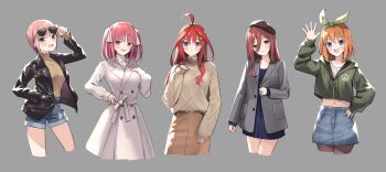 5girls :d absurdres adjusting_eyewear ahoge alternate_costume beret black_headwear black_jacket black_pantyhose blue_dress blue_eyes bow_hairband brown_skirt brown_sweater closed_mouth coat cropped_jacket cropped_legs cropped_shirt denim denim_shorts denim_skirt dress eyewear_on_head go-toubun_no_hanayome green_hairband green_jacket grey_background grey_coat hair_between_eyes hair_ornament hair_ribbon hairband hand_in_pocket hand_on_eyewear hand_on_own_chest hand_on_own_hip hand_up hat highres hood hood_down hooded_jacket jacket leather leather_jacket long_bangs long_coat long_hair long_skirt long_sleeves looking_at_viewer medium_hair midriff multiple_girls nakano_ichika nakano_itsuki nakano_miku nakano_nino nakano_yotsuba open_clothes open_jacket open_mouth orange_hair pantyhose peace_symbol pink_hair profnote quintuplets red_hair ribbed_sweater ribbon shirt short_dress short_hair short_shorts shorts siblings sisters skirt sleeves_past_wrists smile star_(symbol) star_hair_ornament sunglasses sweater turtleneck turtleneck_sweater two_side_up waving white_coat white_ribbon white_shirt zipper_pull_tab
