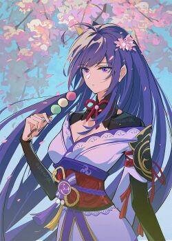Rule 34 | 1girl, ahoge, artist name, benghuaidesusan, blue sky, breasts, bridal gauntlets, cherry blossoms, chinese commentary, cleavage, closed mouth, clothing cutout, commentary request, dango, flower, food, genshin impact, hair down, hair flower, hair ornament, highres, holding, holding food, japanese clothes, kimono, medium breasts, mitsudomoe (shape), mole, mole under eye, neck ribbon, off shoulder, purple eyes, purple hair, purple kimono, raiden shogun, red ribbon, red sash, ribbon, sash, shade, shoulder cutout, sky, solo, straight hair, tomoe (symbol), tree, upper body, wagashi