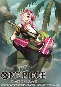 1girl bandaid bandaid_on_face blush boots commentary_request copyright_name eating full_body ginny_(one_piece) gloves goggles goggles_on_head gun headphones holding holding_gun holding_weapon nekobayashi official_art one_eye_closed one_piece one_piece_card_game palm_tree pants purple_eyes shirt sidelocks sitting solo striped_clothes striped_pants tree v-shaped_eyebrows vertical-striped_clothes vertical-striped_pants weapon