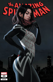 1girl black_hair bodysuit breasts cindy_moon city city_lights cityscape comic_cover commentary cover cover_page cowboy_shot english_commentary english_text facing_to_the_side from_below from_side hand_on_own_hip highres ivan_talavera looking_at_viewer marvel mask medium_breasts medium_hair mouth_mask multicolored_bodysuit night print_bodysuit red_mask sideways_glance signature silk_(marvel) skyline spider-man_(series) spider_web_print superhero_costume two-tone_bodysuit unworn_mask western_comics_(style) white_bodysuit