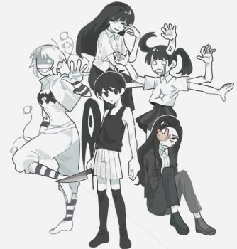 Rule 34 | 1boy, 4girls, anger vein, antenna hair, black-framed eyewear, black eyes, black hair, black pants, black skirt, black tank top, black thighhighs, breasts, character request, collared shirt, colored skin, copyright request, extra arms, holding, holding knife, knife, long hair, looking at viewer, matsutsu1105, medium breasts, monoe, monoko, multiple girls, omori, omori (omori), open mouth, pants, rectangular eyewear, semi-rimless eyewear, shirt, short hair, short sleeves, short twintails, shorts, sidelocks, simple background, skirt, smile, something (omori), standing, striped clothes, striped shorts, sweat, tank top, thighhighs, twintails, under-rim eyewear, vertical-striped clothes, vertical-striped shorts, white background, white hair, white shirt, white shorts, white skin, yume nikki