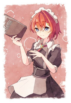 1girl alternate_costume ange_katrina apron black_corset black_dress blue_eyes border closed_mouth collared_dress commentary_request contrast_collar corset cowboy_shot crossed_bangs dress hair_between_eyes hair_ornament hands_up highres holding holding_menu looking_at_viewer maid_headdress menu naranoashika neck_ribbon nijisanji paper_texture pink_background puffy_short_sleeves puffy_sleeves red_hair red_ribbon ribbon short_hair short_sleeves single_hair_intake sleeve_cuffs smile solo split_mouth triangle_hair_ornament virtual_youtuber waist_apron waitress white_apron white_border white_headdress