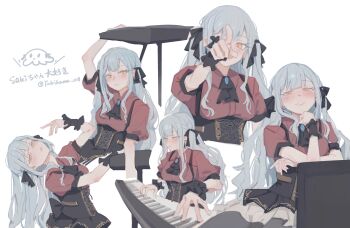 Rule 34 | 1girl, absurdres, ascot, bang dream!, bang dream! it's mygo!!!!!, black ascot, black corset, black ribbon, black wrist cuffs, blue hair, blush, chinese commentary, commentary request, corset, hair ribbon, highres, instrument, keyboard (instrument), long hair, oblivionis (bang dream!), open mouth, red shirt, ribbon, shirt, short hair, sidelocks, simple background, togawa sakiko, translated, white background, wrist cuffs, yellow eyes, yukikuma (yukikuma 018)