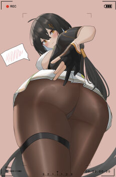 1girl absurdres ahoge ass ass_focus black_gloves black_hair blush breasts brown_pantyhose chinese_commentary closed_mouth commentary_request cowboy_shot embarrassed female_rover_(wuthering_waves) from_below gloves hair_ornament highres huge_ass jewelry kirin_(kirin26497823) legs_together long_hair looking_at_viewer looking_down low_ponytail miniskirt orange_eyes panties panties_under_pantyhose pantyhose partially_fingerless_gloves pink_background plump ponytail recording rover_(wuthering_waves) shiny_skin sideboob simple_background skirt solo spoken_blush standing thighlet underwear upskirt white_panties white_skirt wide_hips wuthering_waves