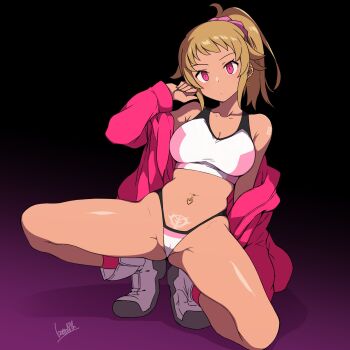 1girl 2024 alternate_eye_color alternate_skin_color batta_16-sei bra breasts brown_hair cameltoe cleavage ear_piercing earrings expressionless gundam gundam_build_fighters gundam_build_fighters_try gyaru highres hoshino_fumina jacket jewelry kneeling large_breasts long_hair looking_at_viewer midriff navel navel_piercing neo_zeon open_clothes open_jacket partially_visible_vulva piercing ponytail pubic_tattoo red_eyes red_jacket shoes signature simple_background solo solo_focus sports_bra spread_legs squatting tan tanline tattoo thong underwear white_shoes