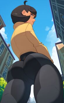 1girl absurdres ass ass_focus black_bodysuit black_hair bodysuit bodysuit_under_clothes brown_jacket closed_mouth dark-skinned_female dark_skin emma_(pokemon) highres jacket latex latex_bodysuit looking_down lumiose_city nintendo pokemon pokemon_legends:_z-a purple_eyes short_hair solo thighs vehn