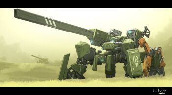 2girls anti-materiel_rifle arm_cannon armor armored_boots beam_rifle boots bottoms1237 bush closed_mouth cloud cloudy_sky day energy_gun field full_armor full_body glowing glowing_eye grass green_armor green_paint gun highres holding holding_gun holding_weapon letterboxed mecha mecha_focus missile_pod multiple_girls nature no_humans non-humanoid_robot on_grass on_ground original outdoors rifle robot scenery science_fiction shoulder_cannon sky sniper_rifle solo standing thrusters walker_(robot) weapon