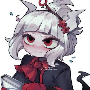 1girl artist_name ascot blush book commission demon_girl demon_horns demon_tail flower gloves hair_flower hair_ornament hair_stick helltaker holding holding_book horns ikhaw_(yuribanzai) lucifer_(helltaker) medium_hair mole mole_under_eye red_ascot red_eyes red_flower red_gloves red_shirt shirt simple_background solo sweat tail vgen_commission white_background white_hair white_horns