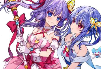 Rule 34 | 2girls, 3:, alternate costume, alternate hairstyle, animal print, armpit crease, bare shoulders, blue eyes, blue hair, blue ribbon, blush, bow, bowtie, breasts, brooch, butterfly hair ornament, butterfly print, c-string, cleavage, closed mouth, commentary request, cowboy shot, detached collar, detached sleeves, dress, dress bow, eyelashes, eyes visible through hair, floating hair, fox, gensou roukaku, gloves, hair between eyes, hair ornament, hair ribbon, holding, holding wand, inari (summer pockets), jewelry, long hair, looking at another, magical girl, medium breasts, multiple girls, parted lips, pink dress, pink eyes, purple hair, red bow, red bowtie, red eyes, red ribbon, ribbon, short sleeves, siblings, sidelocks, simple background, sisters, sleeveless, sleeveless dress, sorakado ai, sorakado ao, split mouth, strapless bottom, summer pockets, twins, two side up, upper body, very long hair, wand, white background, white dress, white gloves