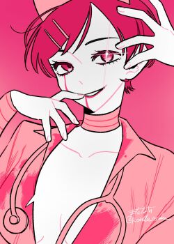 1girl bandaged_arm bandaged_neck bandages blood blood_on_clothes blood_on_face breasts collarbone collared_shirt commentary_request fake_blood finger_to_mouth futsuu_no_keion-bu hair_ornament hairpin halloween_costume hands_up hat highres kondo_asobo kouyama_rin medium_breasts monochrome no_bra nurse nurse_cap official_alternate_costume open_clothes open_shirt parted_lips pink_background pink_theme pixie_cut shirt short_hair simple_background smile solo sparkling_eyes stethoscope stethoscope_around_neck upper_body