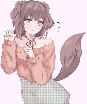 1girl animal_ears bare_shoulders blue_eyes blush brown_hair collarbone dog_ears dog_tail highres houndstooth long_sleeves looking_at_viewer mochizuki_honami off-shoulder_sweater off_shoulder project_sekai simple_background skirt solo sweater tail translated two_side_up unmoving_pattern yaoi919