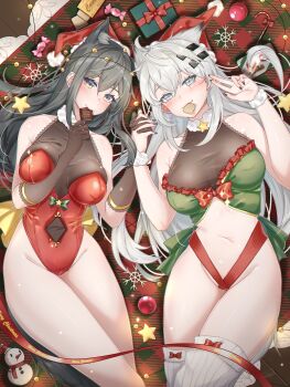 2girls absurdres ahoge animal_ear_fluff animal_ears arknights arm_between_breasts armpit_crease artist_name bare_arms bare_legs bare_shoulders bell between_breasts black_gloves black_hair black_nails blue_eyes blush bow bow_legwear box bracelet breasts breasts_apart candy candy_cane candy_wrapper carpet chocolate christmas christmas_lights christmas_ornaments christmas_present closed_mouth collarbone commentary container cookie covered_collarbone covered_erect_nipples covered_navel cowboy_shot crop_top cropped_shirt double-parted_bangs embarrassed english_commentary english_text extra_ears eyelashes film_grain fingernails floor food food_in_mouth frilled_shirt frills from_above fur-trimmed_headwear fur-trimmed_leotard fur_bracelet fur_trim gift gift_box gift_wrapping gloves green_bow green_ribbon green_shirt grey_eyes grey_hair groin hair_between_eyes hair_ornament hair_spread_out hairclip hands_up hat hatching_(texture) highleg highleg_leotard highres holding_hands indoors jewelry jingle_bell lace lace-trimmed_gloves lace-trimmed_leotard lace-trimmed_shirt lace_trim lappland_(arknights) large_breasts legs_together leotard light_particles linear_hatching lips long_fingernails long_hair looking_at_viewer lying merry_christmas messy_hair mouth_hold multicolored_eyes multiple_girls nail_polish naked_ribbon nanaya_journey navel on_back on_floor outline over-kneehighs palms pom_pom_(clothes) red_bow red_headwear red_leotard red_ribbon ribbed_socks ribbon santa_hat scar scar_across_eye scar_on_face see-through_clothes see-through_gloves see-through_leotard see-through_shirt shadow shiny_clothes shiny_skin shirt sidelocks signature sleeveless sleeveless_shirt smile snowflakes snowman socks star_(symbol) stomach string_of_light_bulbs texas_(arknights) thighhighs thighs two-tone_eyes v variant_set very_long_hair white_outline white_socks wolf_ears wolf_girl wooden_floor yellow_eyes