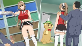 1boy 1girl age_difference amagi_brilliant_park at_gunpoint balding bare_arms bare_shoulders blush bookcase bookshelf box breasts brown_eyes brown_hair cardboard_box censored censored_identity clothes_lift cottage depth door dutch_angle embarrassed glasses grabbing_another's_breast groping gun hair_intakes hair_ribbon hand_on_another's_shoulder hetero high_ponytail highres large_breasts lifting_own_clothes long_hair mascot masturbation moffle mosaic_censoring motion_lines no_panties penis penis_out ponytail pubic_hair pussy pussy_juice pussy_juice_drip ribbon self_exposure sento_isuzu sequential sitting skirt skirt_lift standing tagme thighhighs ugly_bastard weapon zettai_ryouiki
