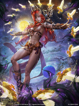 1girl 2024 abs armor armor_request armored_pasties artist_name bikini_armor breasts casting_spell character_request copyright_logo copyright_name copyright_notice dated full_body gladiator_sandals gold_armor gold_gauntlets legend_of_the_cryptids light_particles lips logo long_hair looking_at_viewer medium_breasts multiple_swords night nose official_art original outdoors outstretched_arms pasties planet realistic red_eyes red_hair sandals sky solo standing standing_on_one_leg star_(sky) starry_sky toned toned_female very_long_hair yu_cheng_hong