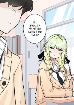 1boy 1girl :t absurdres arm_rest black_bow black_hair black_necktie bow braid breast_pocket breasts brown_cardigan brown_eyes cardigan classroom closed_mouth collared_shirt desk english_text green_hair hair_bow hair_intakes hair_tie half_up_braid highres large_breasts locker long_hair long_sleeves mirui09 multiple_hair_bows necktie no_eyes original partially_unbuttoned pocket pointy_ears pout school_desk school_uniform shirt short_sleeves sitting speech_bubble twin_braids white_shirt window