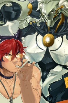 2boys absurdres animal_ears arm_behind_head banyue_(zenless_zone_zero) bara beauceron biceps black_hair blush collar collarbone commentary_request dog_ears drinking drinking_straw drinking_straw_in_mouth glowing glowing_eyes grey_hair hand_on_own_head highres jewelry komano_manato long_hair male_focus multicolored_hair multiple_boys muscular muscular_male necklace o2h_(oblivionh) pectoral_cleavage pectorals red_hair robot_boy tank_top white_hair white_tank_top wide-eyed zenless_zone_zero