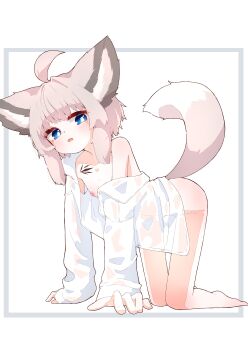 1girl absurdres ahoge all_fours animal_ears arknights blue_eyes flat_chest fox_ears fox_girl fox_tail highres naked_shirt nipples rano_u_rabe shirt solo sussurro_(arknights) tail white_shirt