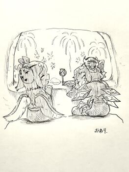 Rule 34 | 2girls, absurdres, aerial fireworks, alternate costume, bow, cirno, closed eyes, commentary request, commission, daiyousei, detached wings, fairy, fairy wings, fireworks, hair bow, happi, highres, ice, ice wings, japanese clothes, mask, mask on head, menotama, multiple girls, open mouth, skeb commission, smile, summer festival, touhou, traditional media, translation request, wings