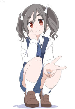 Rule 34 | 1girl, absurdres, bad anatomy, bad hands, blue ribbon, blue vest, brown shoes, closed mouth, convenient skirt, cynical (llcbluckg c004), fingernails, grey hair, highres, kiriyama an, loafers, looking at viewer, mono (afro), pleated skirt, red eyes, ribbon, school uniform, shirt, shoes, skirt, socks, solo, squatting, v, vest, white shirt, white socks