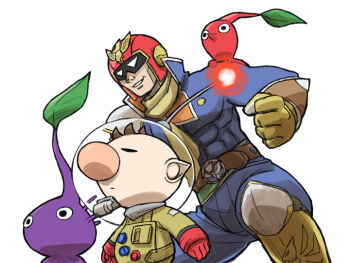 2boys armored_boots belt belt_buckle big_nose black_eyes blue_bodysuit bodysuit boots bracer brown_belt brown_hair buckle buttons captain_falcon clenched_hand closed_eyes closed_mouth collared_bodysuit colored_skin commentary_request covered_abs cowboy_shot creature creature_on_shoulder crossed_belts expressionless f-zero feet_out_of_frame gloves green_belt height_difference helmet high_collar knee_boots knee_pads leaf light_frown looking_ahead male_focus multiple_boys naru_(wish_field) nintendo no_mouth nostrils olimar on_shoulder parted_lips patch pikmin_(creature) pikmin_(series) pointy_ears pointy_nose purple_hair purple_pikmin purple_skin radio_antenna red_gloves red_helmet red_pikmin red_skin scarf short_hair simple_background smile space_helmet spacesuit super_smash_bros. teeth tight_clothes two-sided_fabric very_short_hair whistle white_background yellow_boots yellow_gloves yellow_scarf