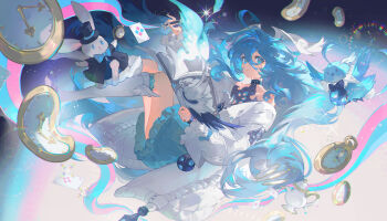 1girl absurdres animal bare_shoulders blue_eyes blue_hair blue_skirt book clock clothed_animal duet_night_abyss fina_(duet_night_abyss) highres holding holding_book holding_pen kneehighs long_hair long_sleeves looking_at_viewer miniskirt off_shoulder pen rabbit skirt socks yunouou10