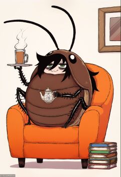 1girl absurdres ai-assisted antennae armchair arthropod_girl bags_under_eyes black_hair book bug carapace chair cockroach cup glass green_eyes highres holding indoors insect kuroki_tomoko messy_hair monster_girl simple_background sitting smile solo steam teapot tray watashi_ga_motenai_no_wa_dou_kangaetemo_omaera_ga_warui! watashinogovno