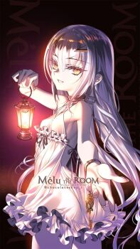 1girl ass bare_shoulders breasts choco_(chocolate_shop) choker commentary_request dress fate/grand_order fate_(series) forked_eyebrows grin highres key lamp long_hair looking_at_viewer melusine_(fate) official_artist_extra short_dress sidelocks small_breasts smile solo thighs white_dress white_hair yellow_eyes