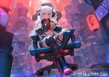 Rule 34 | 1girl, absurdly detailed composition, ahoge, alternate costume, animal ear piercing, animal ears, asymmetrical legwear, black gloves, black jacket, black ribbon, black shoes, black shorts, black thighhighs, cardigan, chair, chopsticks, closed mouth, colored shoe soles, commentary request, copyright notice, crop top, cropped jacket, cup, double-parted bangs, from below, full body, gaming chair, gloves, gold necklace, grey eyes, grey hair, hair between eyes, hair ribbon, high tops, highleg, highleg panties, highres, holding, holding chopsticks, holding cup, hololive, instant cup noodles, instant noodles, instant ramen, instant udon, jacket, jewelry, lack, lantern, lion ears, loaded interior, long hair, looking at viewer, messy hair, midriff, mismatched legwear, navel, necklace, nissin cup noodle, nissin cup noodle curry, o-ring, o-ring thigh strap, official art, panties, panty straps, paper lantern, red cardigan, ribbed cardigan, ribbon, shishiro botan, shoes, short shorts, shorts, single glove, sitting, smile, sneakers, solo, swivel chair, thigh strap, thighhighs, turtleneck, underwear, v-shaped eyebrows, very long hair, virtual youtuber, yagoo