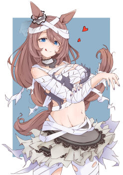 1girl :q absurdres animal_ears arm_under_breasts bandaged_arm bandaged_head bandaged_leg bandaged_torso bandages blue_background blue_eyes border breasts brown_hair choker closed_mouth commentary_request cowboy_shot ear_ornament ear_scrunchie frilled_skirt frills hair_between_eyes halloween_costume hand_on_own_arm heart highres horse_ears horse_girl horse_tail lace_trim large_breasts legs_apart long_hair looking_at_viewer midriff miniskirt mummy_costume navel official_alternate_costume outside_border purple_nails shijimi_(sijimi1917) simple_background skirt smile solo standing super_creek_(chiffon-wrapped_mummy)_(umamusume) super_creek_(umamusume) swept_bangs tail tareme tongue tongue_out torn_bandages torn_clothes umamusume very_long_hair white_border white_choker