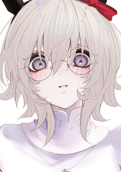 1girl absurdres animal_ears bespectacled blue_eyes blush bow closed_mouth commentary_request curren_chan_(casual)_(umamusume) curren_chan_(umamusume) ear_bow glasses grey_hair highres horse_ears horse_girl jewelry looking_at_viewer necklace niihiro216 red_bow shirt short_hair solo sweater_vest umamusume variant_set veil white_shirt white_veil