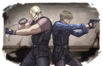 2boys belt black_belt black_gloves black_pants blonde_hair blue_shirt brown_hair bulletproof_vest closed_mouth collared_shirt dual_wielding fighting_stance fingerless_gloves gloves gun headset holding holding_gun holding_knife holding_weapon jack_krauser knife leon_s._kennedy male_focus multiple_boys muscular muscular_male pants red_shirt resident_evil resident_evil_4 resident_evil_4_(remake) scar scar_across_eye scar_on_face scar_on_mouth shirt short_hair smile tatsumi_(psmhbpiuczn) watch weapon wristwatch