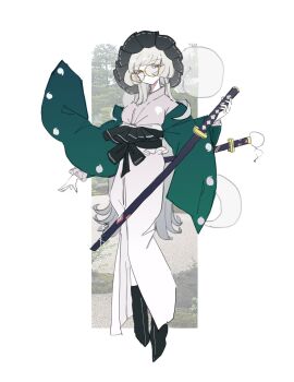1girl alternate_costume alternate_hair_length alternate_hairstyle black_bow black_shoes bow eyewear_on_head frills ghost_print glasses green_sleeves highres holding holding_sword holding_weapon japanese_clothes katana kimono konpaku_youmu konpaku_youmu_(ghost) long_hair round_eyewear shoes simple_background sword touhou waist_bow weapon white_background white_hair white_kimono zenritsu