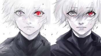 1boy artist_progress black_shirt closed_mouth expressionless grey_eyes hair_between_eyes heterochromia kaneki_ken male_focus misutajobujobu multiple_views pale_skin red_eyes shirt short_hair tokyo_ghoul tokyo_ghoul:re white_hair