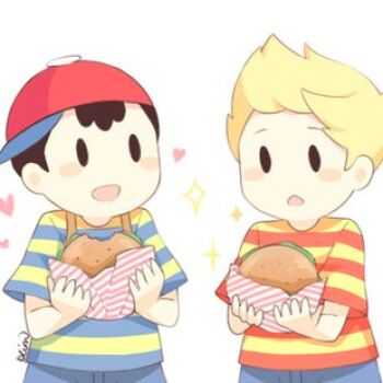 2boys artist_request black_hair burger child eating hat lucas_(mother_3) male_focus mother_(series) mother_2 mother_3 multiple_boys ness_(mother_2) nintendo shirt source_request striped_clothes striped_shirt super_smash_bros.