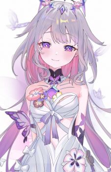 1girl arms_behind_back bare_shoulders bug butterfly castellayaki castorice_(honkai:_star_rail) castorice_(honkai:_star_rail)_(cosplay) closed_mouth colored_inner_hair commentary cosplay dress english_commentary flower highres hololive hololive_english insect koseki_bijou long_hair looking_at_viewer multicolored_hair pink_hair purple_eyes purple_tiara simple_background smile solo upper_body virtual_youtuber white_background white_dress