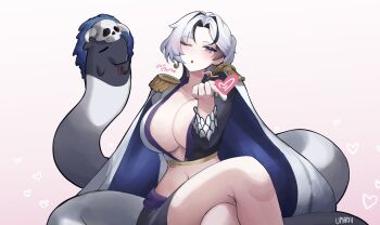1girl algorhythm_project armpits baku_(algorhythm_project) black_hair blue_eyes boa_hancock boa_hancock_(cosplay) breasts cape cosplay crop_top earrings highres jewelry large_breasts long_hair midriff multicolored_hair one_eye_closed one_piece snake snake_earrings solo streaked_hair umamii virtual_youtuber white_cape white_hair
