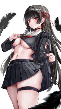 1girl absurdres arm_cutout black_choker black_feathers black_hair black_serafuku black_shirt black_skirt blush breasts chisa_(wuthering_waves) choker closed_mouth clothes_lift clothing_cutout commentary cowboy_shot feathers fingernails hair_ribbon highres lifting_own_clothes long_hair long_sleeves looking_at_viewer medium_breasts mole mole_under_eye navel ningmeng_ye_meiyou_wo_meng red_eyes red_ribbon ribbon sailor_collar school_uniform serafuku shirt skirt skirt_lift solo stomach tacet_mark_(wuthering_waves) thigh_strap thighs underboob very_long_hair white_sailor_collar wuthering_waves